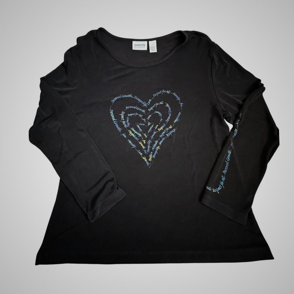 Chicos Travelers Womens Size 3 Large Black Heart Graphic Long Sleeve Ribbed Top